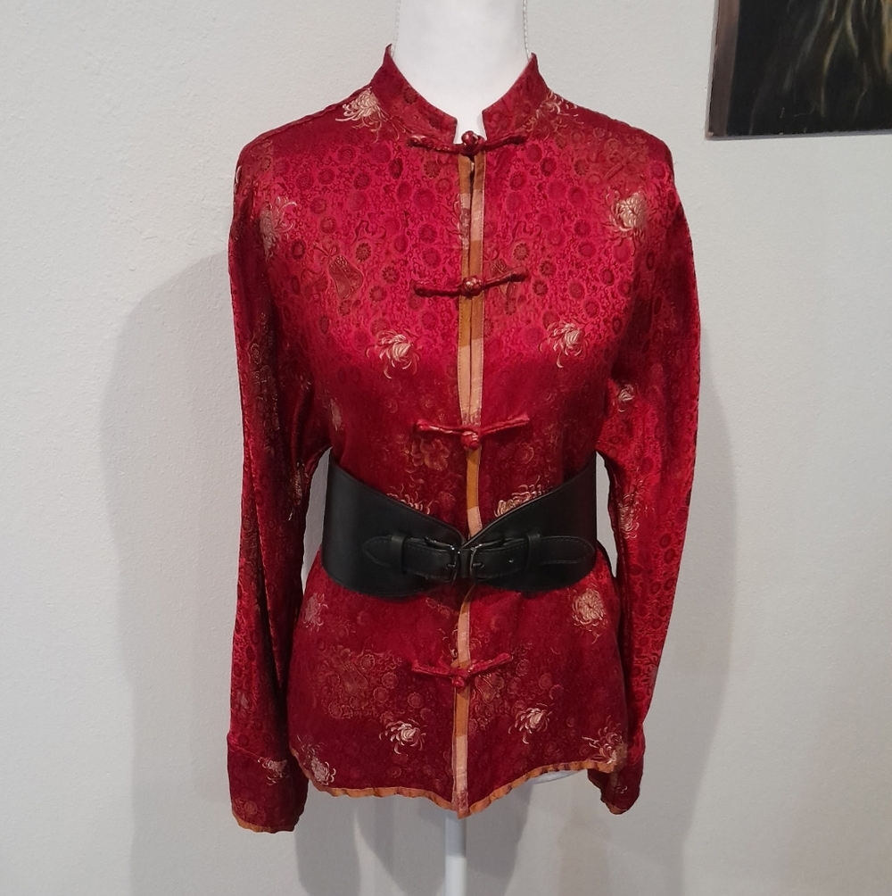 Vintage Tang-Style Reversible Jacket with Deep Red Floral or Gold Stripe Brocade